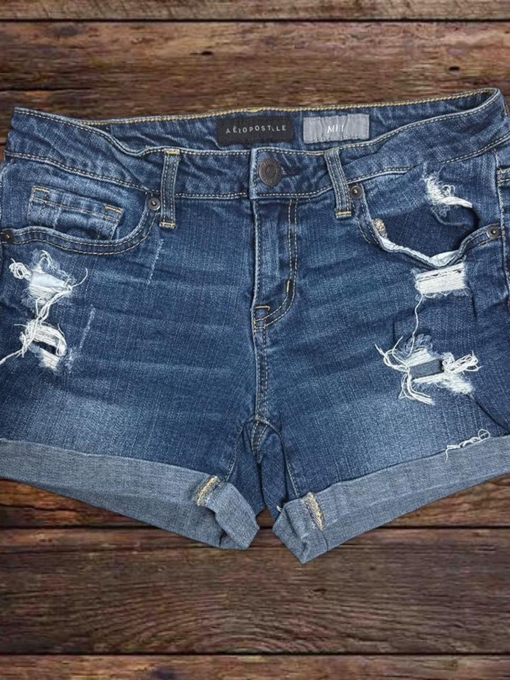 Aeropostale Women's Blue Distressed Cuffed Denim Shorts